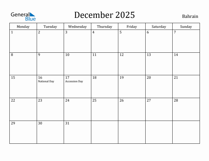 December 2025 Calendar Bahrain