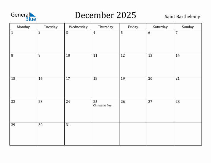 December 2025 Calendar Saint Barthelemy