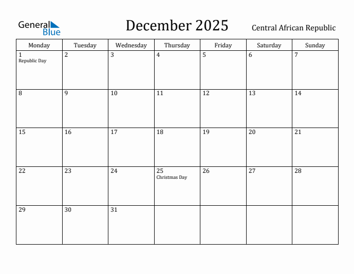 December 2025 Calendar Central African Republic