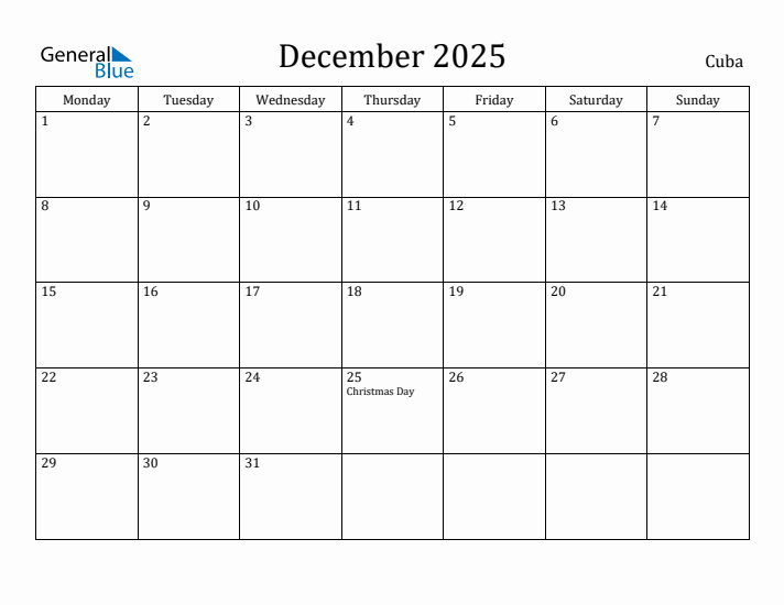 December 2025 Calendar Cuba