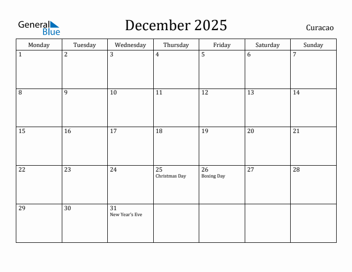 December 2025 Calendar Curacao