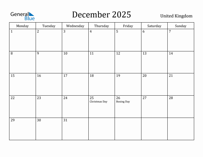 December 2025 Calendar United Kingdom