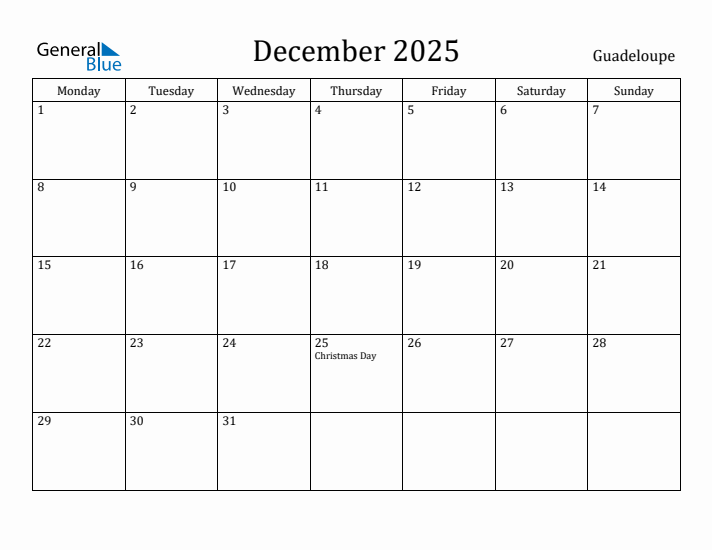 December 2025 Calendar Guadeloupe