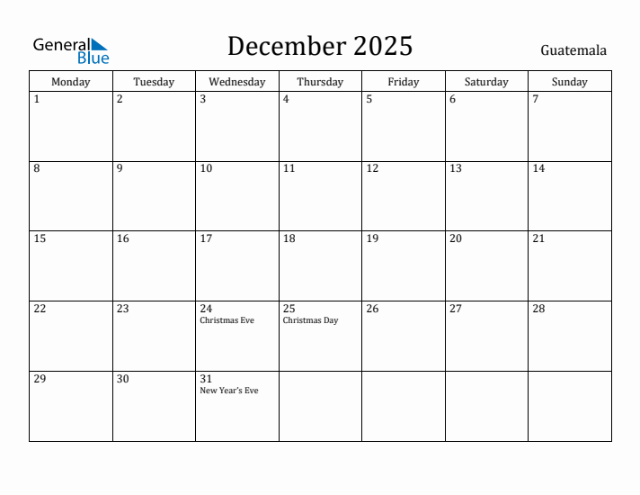 December 2025 Calendar Guatemala