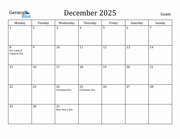 December 2025 Calendar Guam