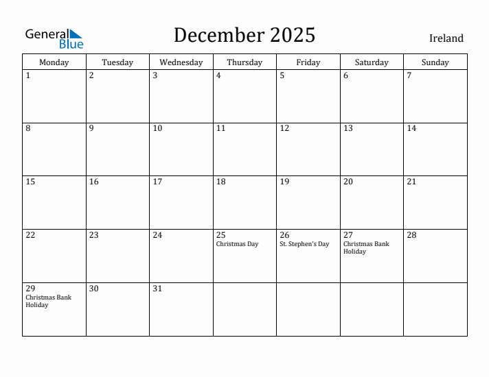 December 2025 Calendar Ireland