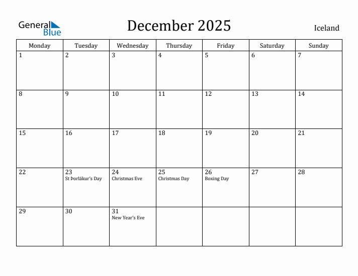 December 2025 Calendar Iceland