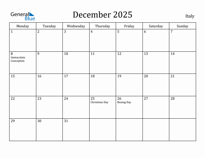 December 2025 Calendar Italy