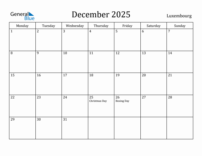 December 2025 Calendar Luxembourg