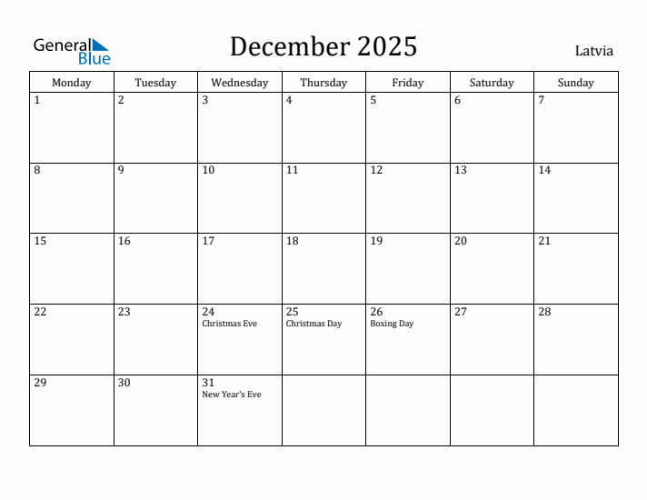 December 2025 Calendar Latvia