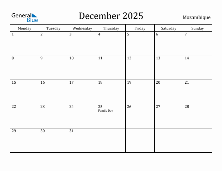 December 2025 Calendar Mozambique