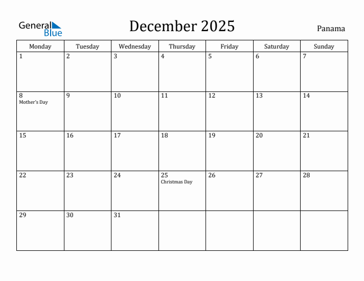 December 2025 Calendar Panama