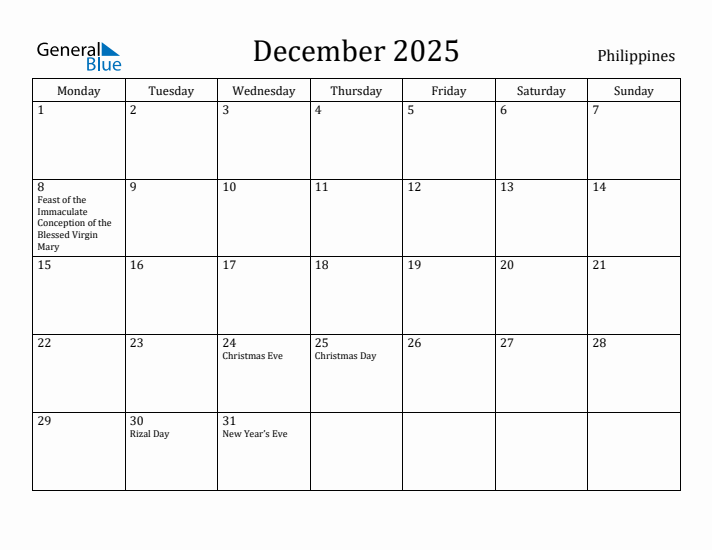 December 2025 Calendar Philippines