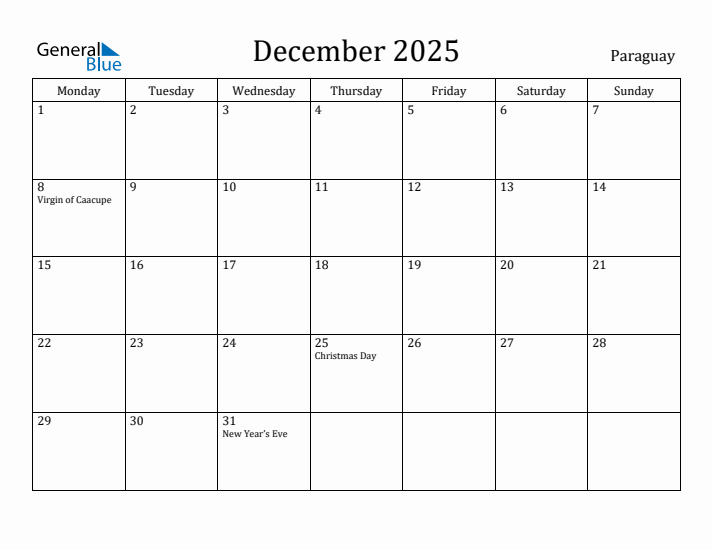 December 2025 Calendar Paraguay