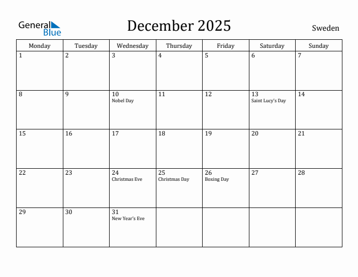 December 2025 Calendar Sweden