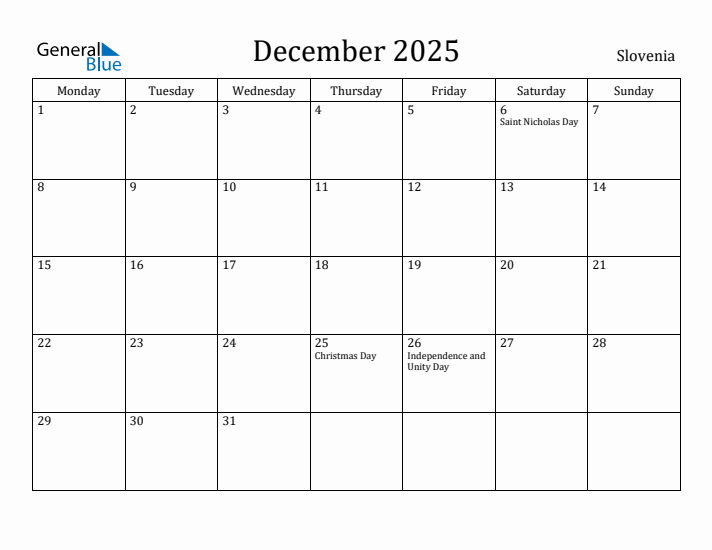 December 2025 Calendar Slovenia