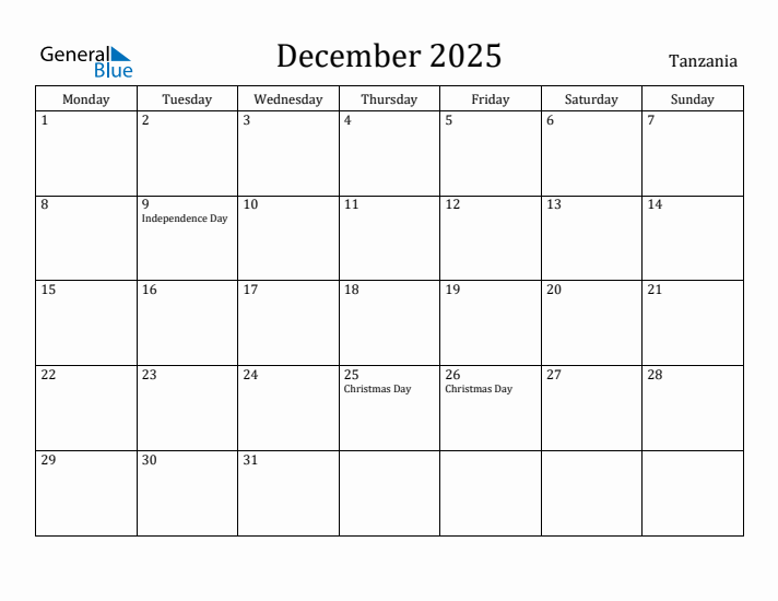 December 2025 Calendar Tanzania