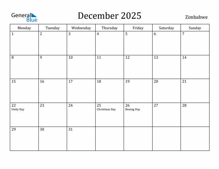 December 2025 Calendar Zimbabwe