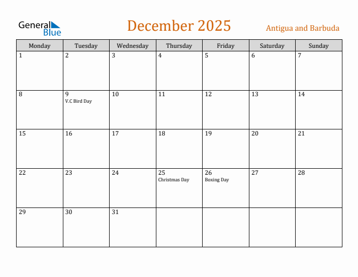 December 2025 Holiday Calendar with Monday Start