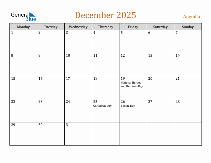 December 2025 Holiday Calendar with Monday Start