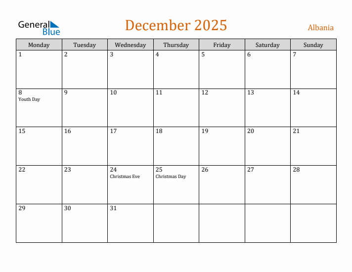 December 2025 Holiday Calendar with Monday Start