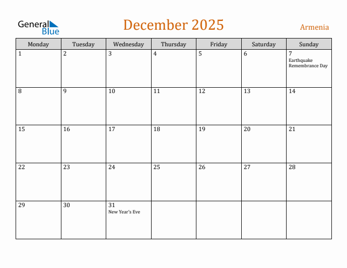 December 2025 Holiday Calendar with Monday Start