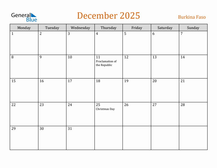 December 2025 Holiday Calendar with Monday Start