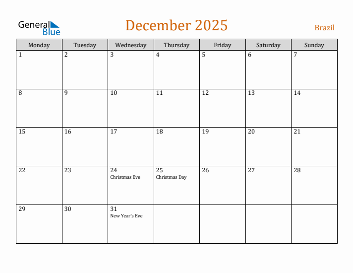 December 2025 Holiday Calendar with Monday Start