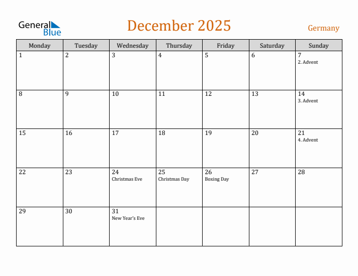 December 2025 Holiday Calendar with Monday Start