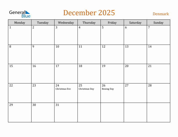 December 2025 Holiday Calendar with Monday Start