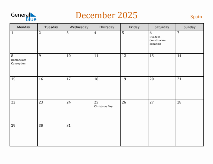 December 2025 Holiday Calendar with Monday Start