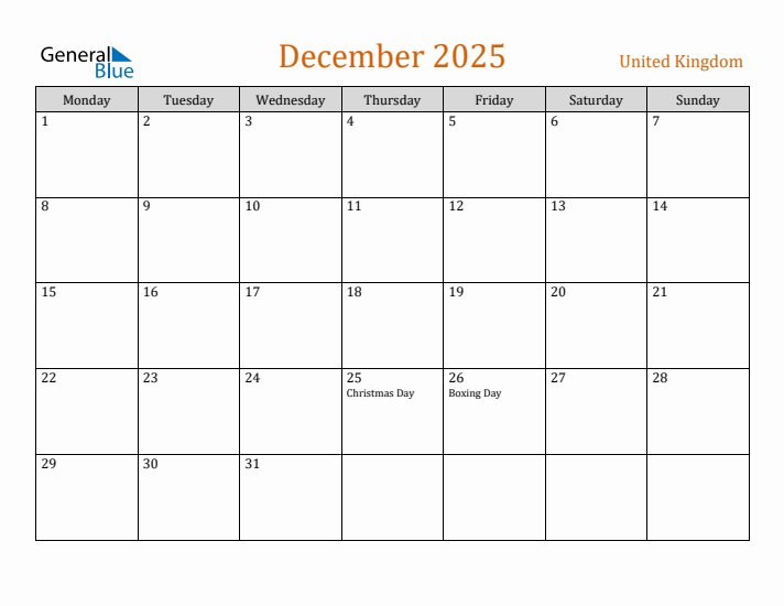 December 2025 Holiday Calendar with Monday Start