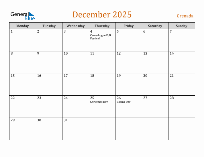 December 2025 Holiday Calendar with Monday Start