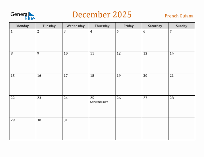 December 2025 Holiday Calendar with Monday Start