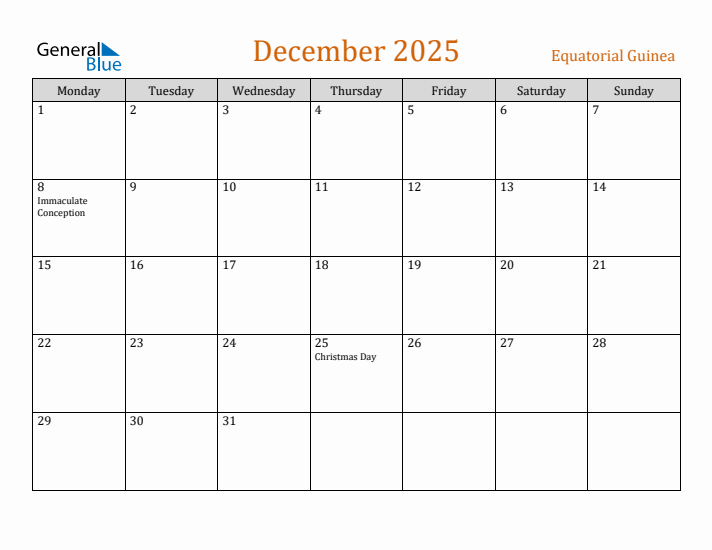 December 2025 Holiday Calendar with Monday Start