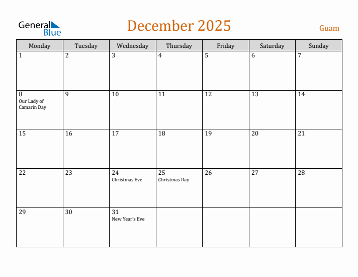 December 2025 Holiday Calendar with Monday Start