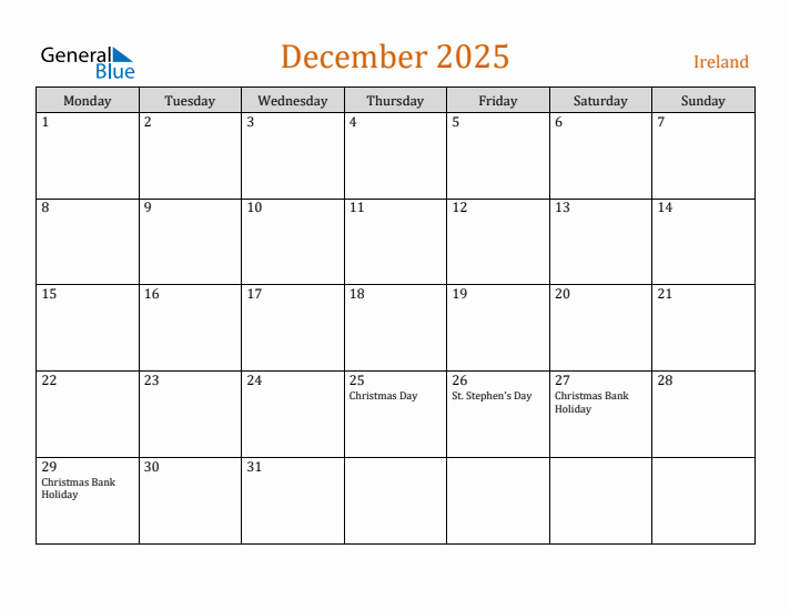 December 2025 Holiday Calendar with Monday Start