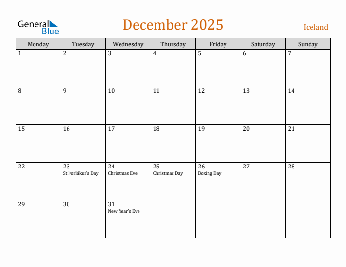 December 2025 Holiday Calendar with Monday Start