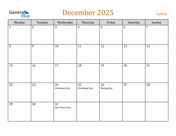 December 2025 Holiday Calendar with Monday Start