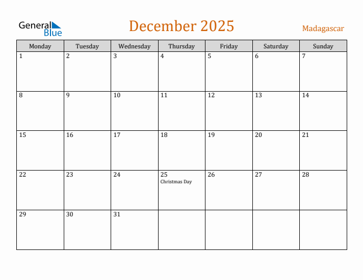 December 2025 Holiday Calendar with Monday Start