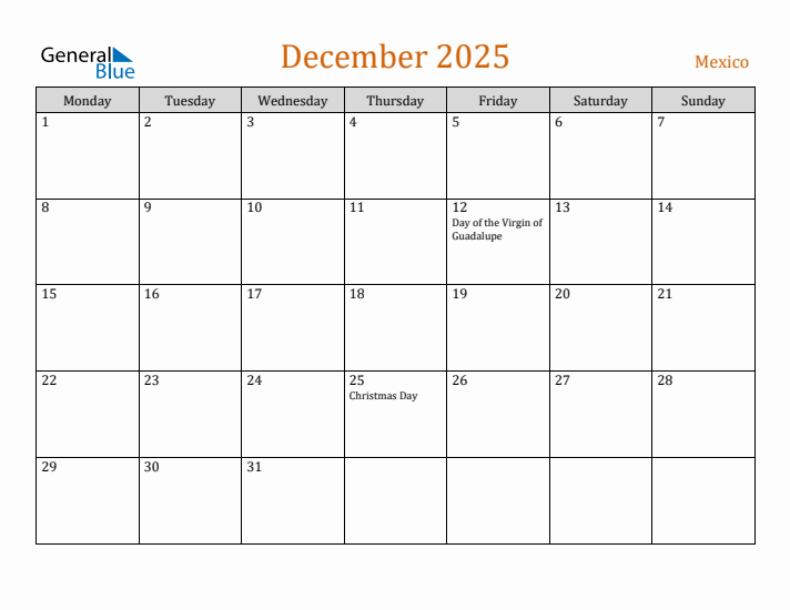 December 2025 Holiday Calendar with Monday Start