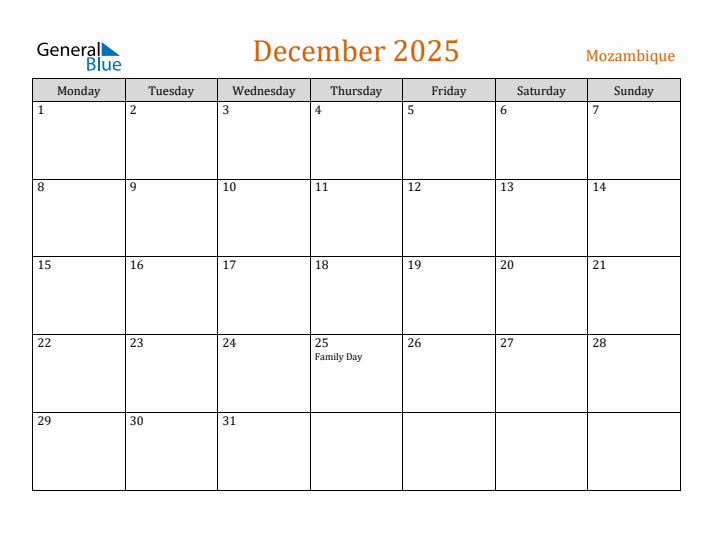 December 2025 Holiday Calendar with Monday Start