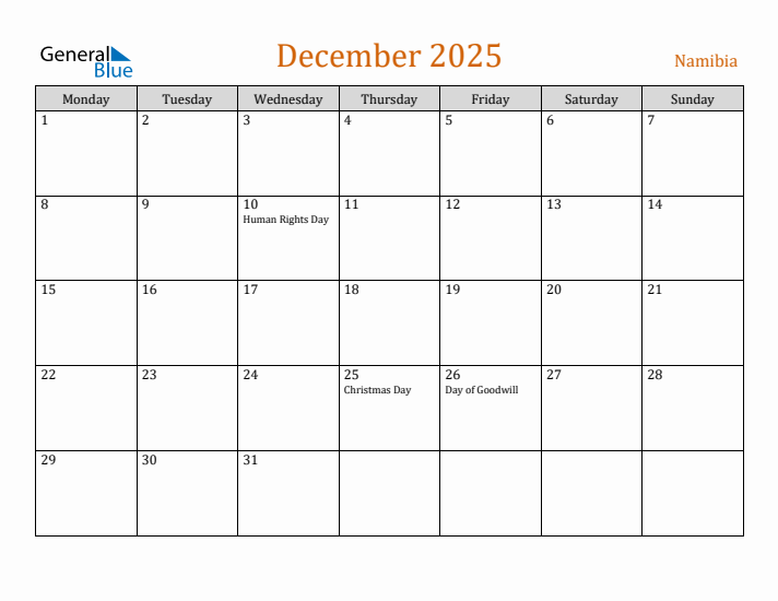 December 2025 Holiday Calendar with Monday Start