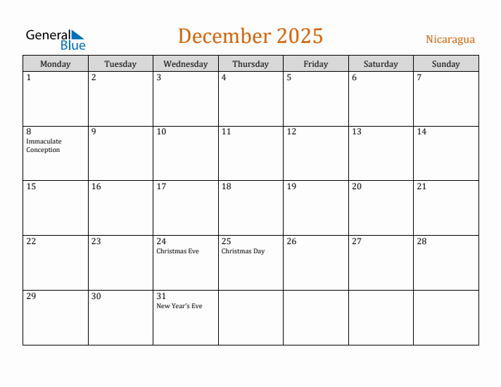 December 2025 Holiday Calendar with Monday Start