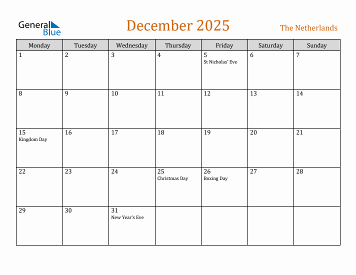 December 2025 Holiday Calendar with Monday Start