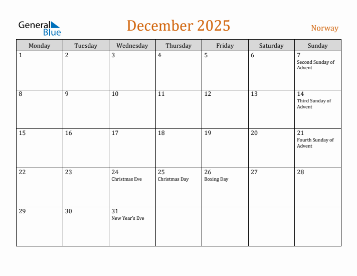 December 2025 Holiday Calendar with Monday Start