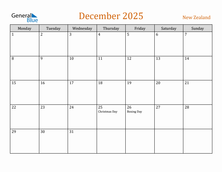 December 2025 Holiday Calendar with Monday Start