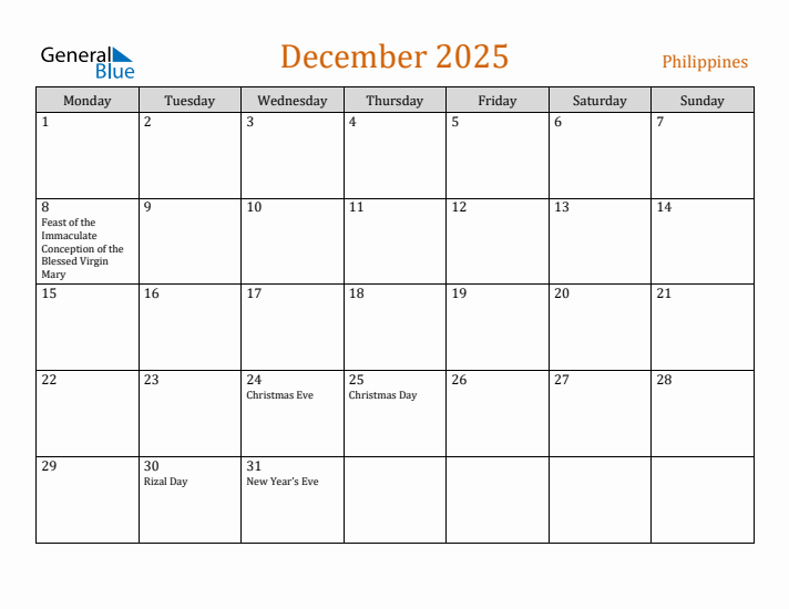 December 2025 Holiday Calendar with Monday Start