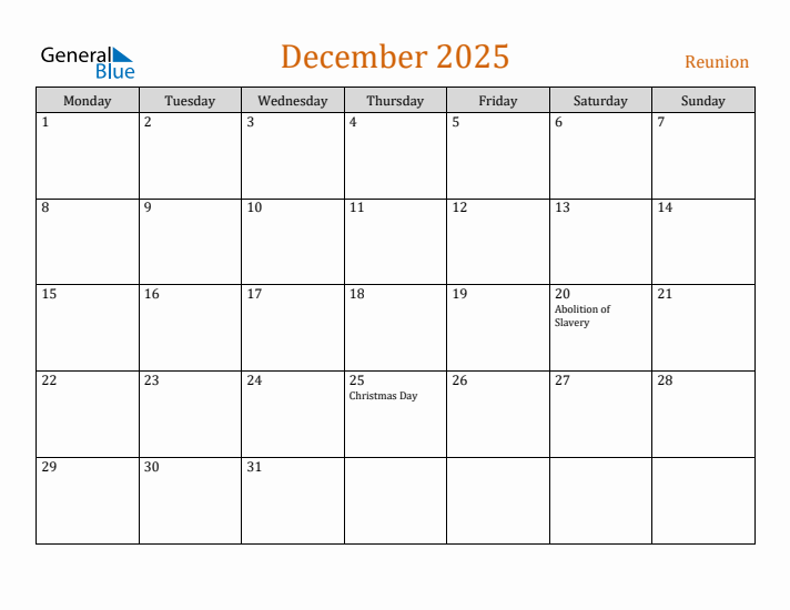 December 2025 Holiday Calendar with Monday Start