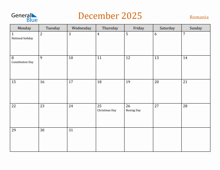 December 2025 Holiday Calendar with Monday Start